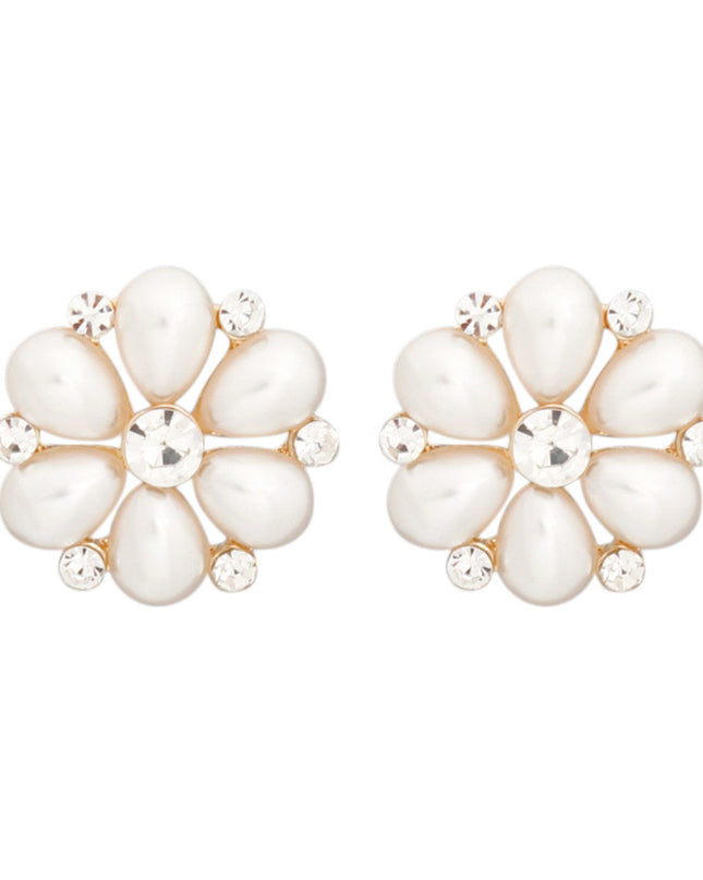 Women's Stud Earrings Small Gold Metal and Cream Pearl Teardrop Flower Studs Featuring Rhinestone Details. Post Backing.
