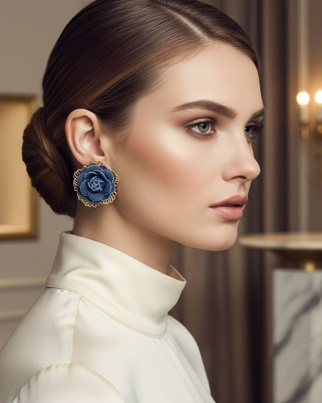 Women's Stud Earrings. Chic Stud Flower Earrings Featuring Die-Cut Gold Metal Layered Petals with Blue Denim Dimensional Rose. Playful Floral Boutique Earrings. Post Backing.