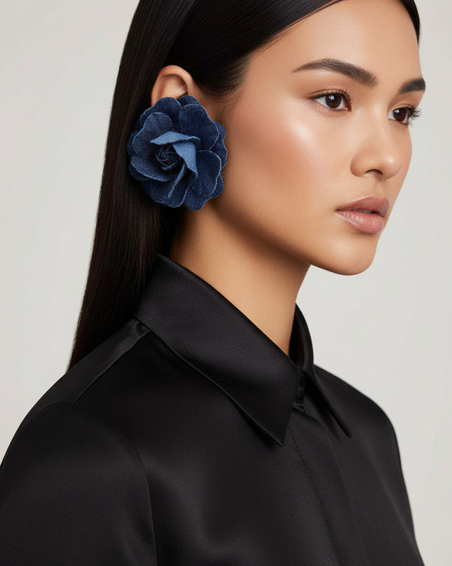 Women's Stud Earrings. Urban Boho-Chic Dark Blue Denim 3D Dimensional Layered Petal Flower Stud Earrings. 