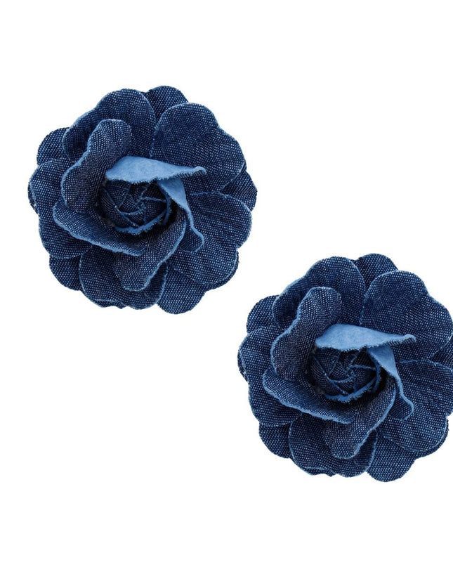 Women's Stud Earrings. Urban Boho-Chic Dark Blue Denim 3D Dimensional Layered Petal Flower Stud Earrings. 