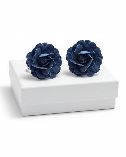 Women's Stud Earrings. Urban Boho-Chic Dark Blue Denim 3D Dimensional Layered Petal Flower Stud Earrings. 