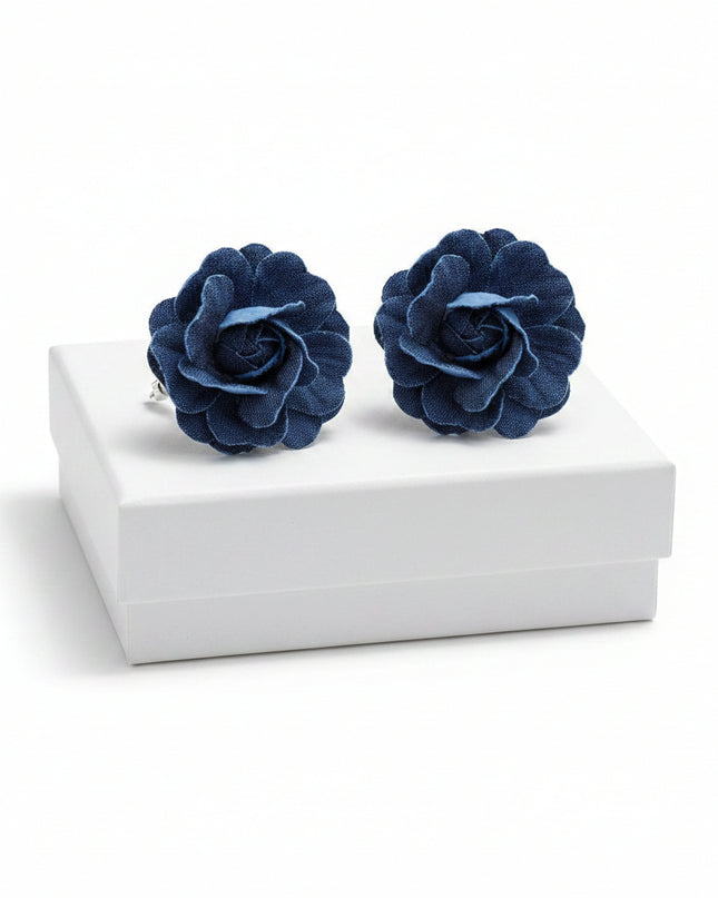 Women's Stud Earrings. Urban Boho-Chic Dark Blue Denim 3D Dimensional Layered Petal Flower Stud Earrings. 