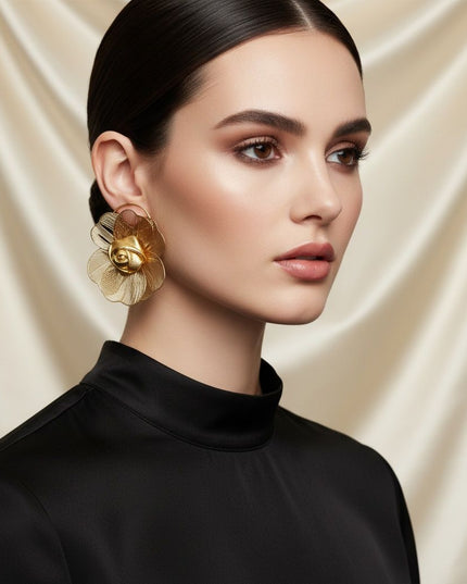 Women's Stud Earrings. Statement Gold Metal Ring Stud Earrings Featuring Large Die-Cut Gold Metal Petals Surrounding a Gold Faux Leather Rose Bud Center. Modern Elegance with Artisanal Flair. Post Backing.