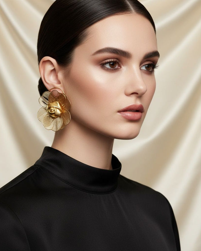 Women's Stud Earrings. Statement Gold Metal Ring Stud Earrings Featuring Large Die-Cut Gold Metal Petals Surrounding a Gold Faux Leather Rose Bud Center. Modern Elegance with Artisanal Flair. Post Backing.