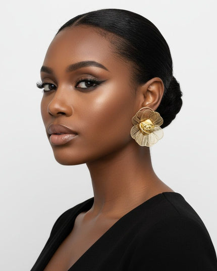 Women's Stud Earrings. Statement Gold Metal Ring Stud Earrings Featuring Large Die-Cut Gold Metal Petals Surrounding a Gold Faux Leather Rose Bud Center. Modern Elegance with Artisanal Flair. Post Backing.