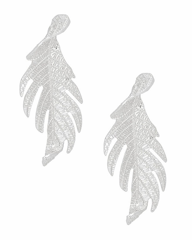 Women's Long Stud Earrings. Modern Botanical Twisted Leaf Elongated Silver Metal Earrings Featuring Natural Textured Detailing. 