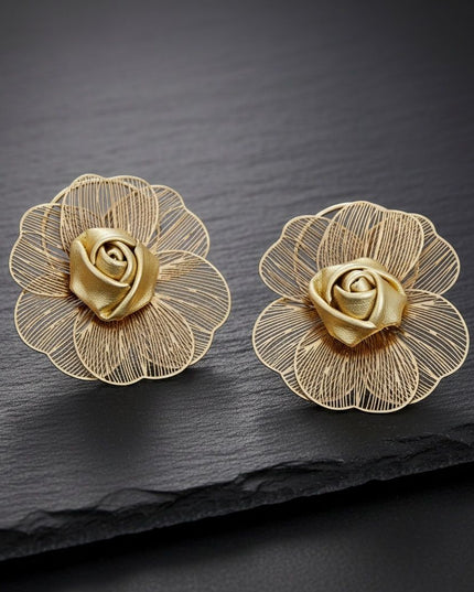 Women's Stud Earrings. Statement Gold Metal Ring Stud Earrings Featuring Large Die-Cut Gold Metal Petals Surrounding a Gold Faux Leather Rose Bud Center. Modern Elegance with Artisanal Flair. Post Backing.