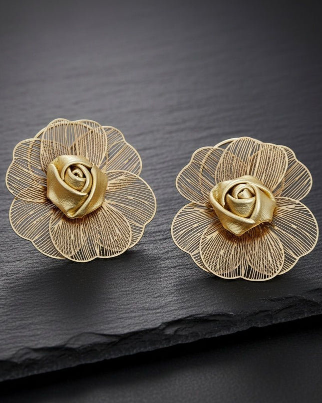 Women's Stud Earrings. Statement Gold Metal Ring Stud Earrings Featuring Large Die-Cut Gold Metal Petals Surrounding a Gold Faux Leather Rose Bud Center. Modern Elegance with Artisanal Flair. Post Backing.