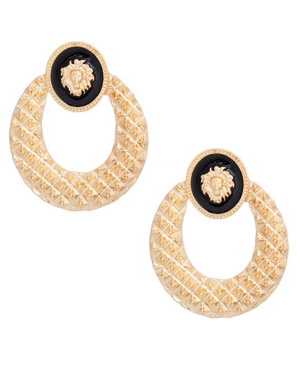 Gold Metal and Black Epoxy Oval Lion Head Door Knocker Earrings Featuring Quilted Texture Metal Detailing. 