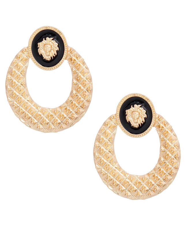 Gold Metal and Black Epoxy Oval Lion Head Door Knocker Earrings Featuring Quilted Texture Metal Detailing. 