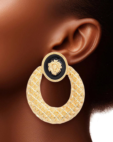 Gold Metal and Black Epoxy Oval Lion Head Door Knocker Earrings Featuring Quilted Texture Metal Detailing. 