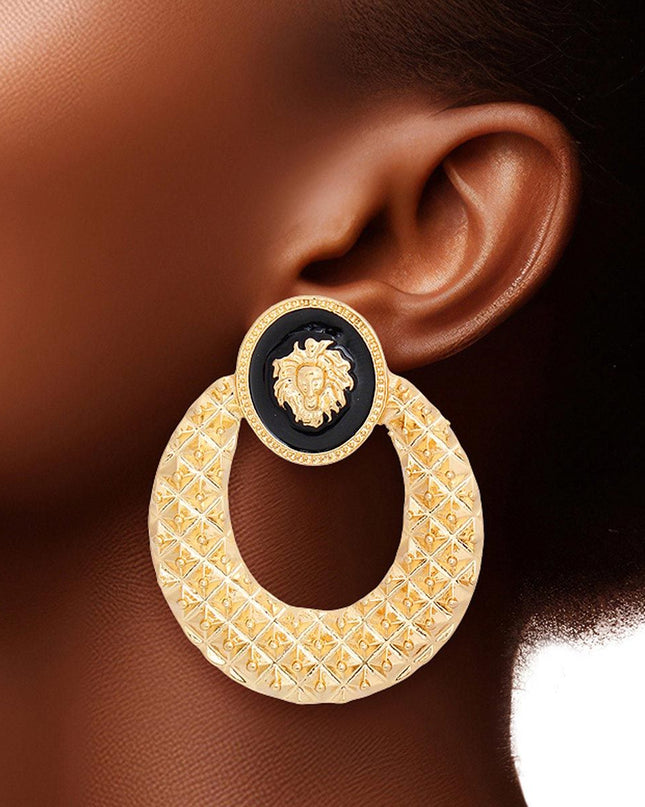 Gold Metal and Black Epoxy Oval Lion Head Door Knocker Earrings Featuring Quilted Texture Metal Detailing. 