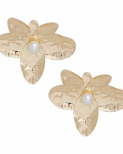 Women's Stud Earrings. Oversized Large Gold Hammered Metal Sculpted Petal Flower Shaped Stud Earrings Featuring Lustrous Acrylic Cream Pearl Center. 