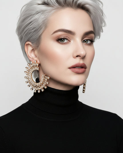 Stud Medium Gold C Shape Stone Earrings for Women