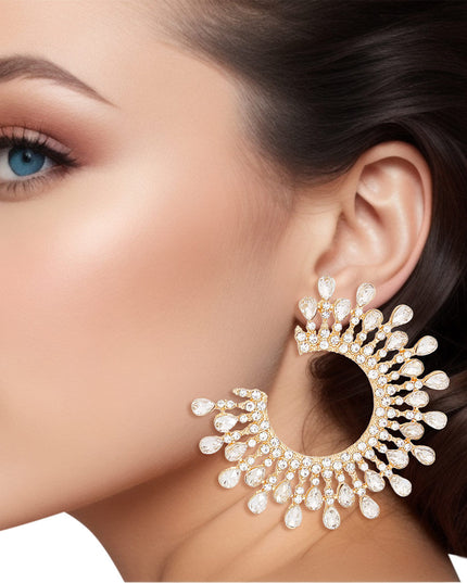 Women's Stud Earrings Gold Metal C Shaped Elegant Earrings Featuring Clear Teardrop Crystals and Rhinestones arranged in Crown Like Pattern. Post Backing.