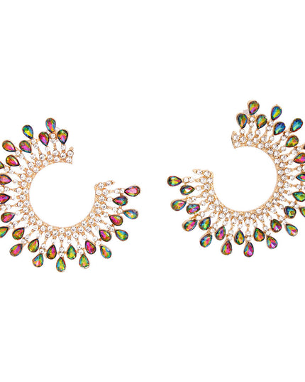 Women's Stud Earrings Gold Metal C Shaped Elegant Earrings Featuring Pink and Green Teardrop Crystals with Clear Rhinestones arranged in Crown Like Pattern. Post Backing.