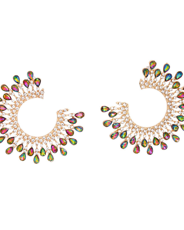 Women's Stud Earrings Gold Metal C Shaped Elegant Earrings Featuring Pink and Green Teardrop Crystals with Clear Rhinestones arranged in Crown Like Pattern. Post Backing.