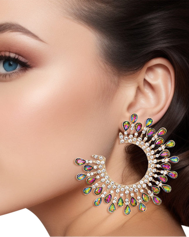 Women's Stud Earrings Gold Metal C Shaped Elegant Earrings Featuring Pink and Green Teardrop Crystals with Clear Rhinestones arranged in Crown Like Pattern. Post Backing.