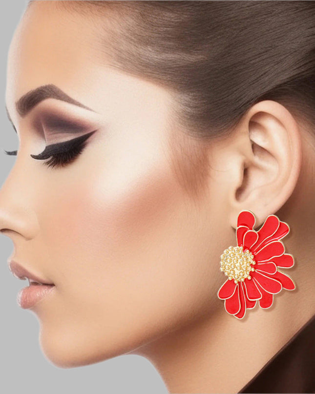 Women's Stud Earrings Gold Metal and Red Epoxy Half Daisy Flower Earrings Featuring Gold Studded Center. Post Backing.