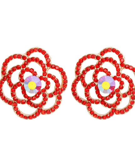 Women's Stud Earrings Gold Metal and Red Rhinestone Cutout Rose Flower Design Studs. Post Backing.
