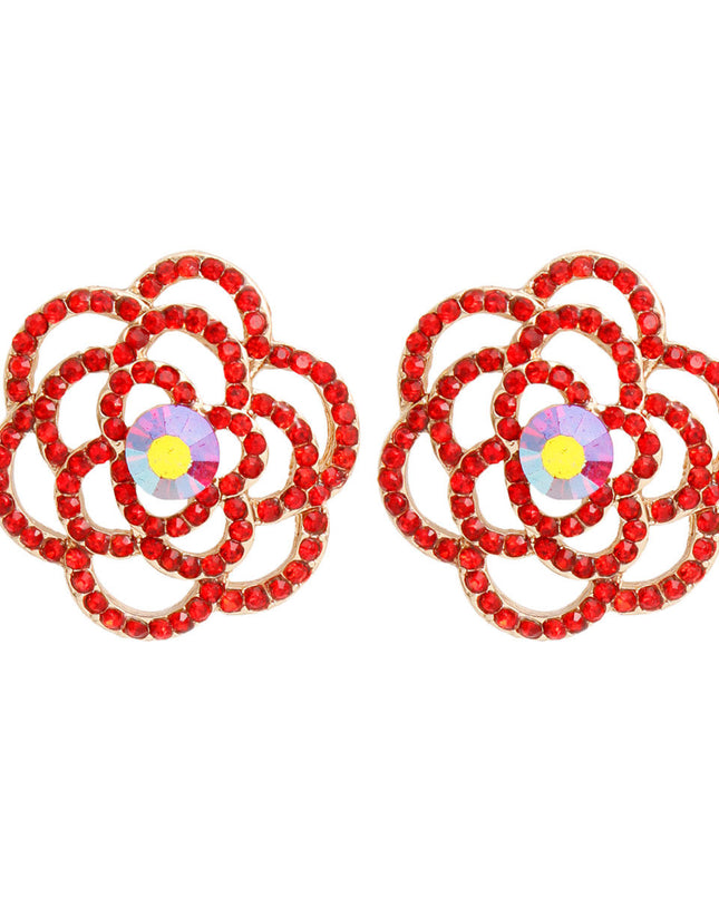Women's Stud Earrings Gold Metal and Red Rhinestone Cutout Rose Flower Design Studs. Post Backing.