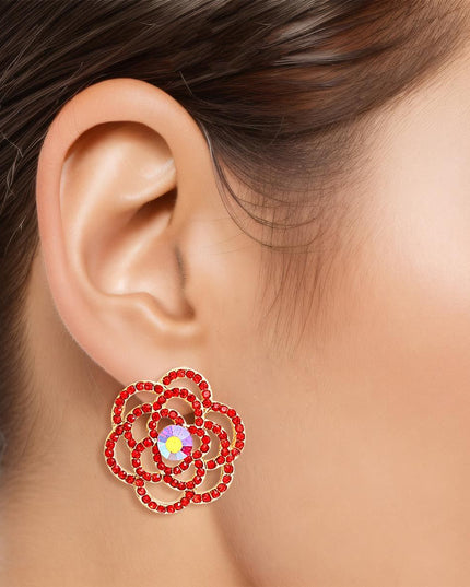 Women's Stud Earrings Gold Metal and Red Rhinestone Cutout Rose Flower Design Studs. Post Backing.