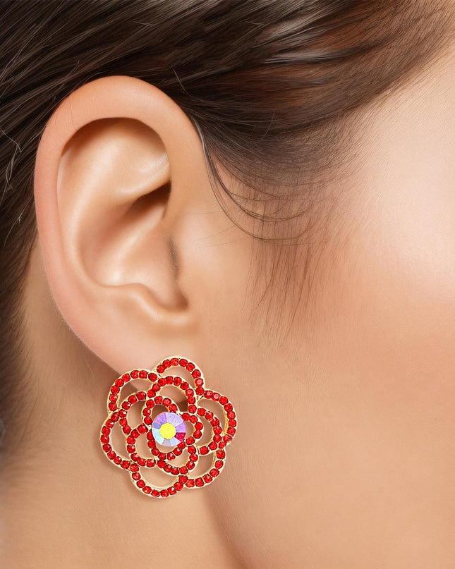 Women's Stud Earrings Gold Metal and Red Rhinestone Cutout Rose Flower Design Studs. Post Backing.