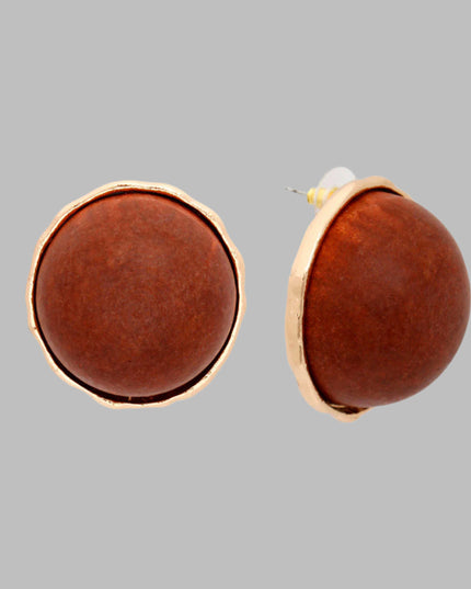 Women's Stud Earrings Large Round Gold Metal Studs Featuring Domed Brown Wood Detail. Studs measure 1" tall. 