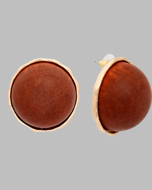 Women's Stud Earrings Large Round Gold Metal Studs Featuring Domed Brown Wood Detail. Studs measure 1" tall. 