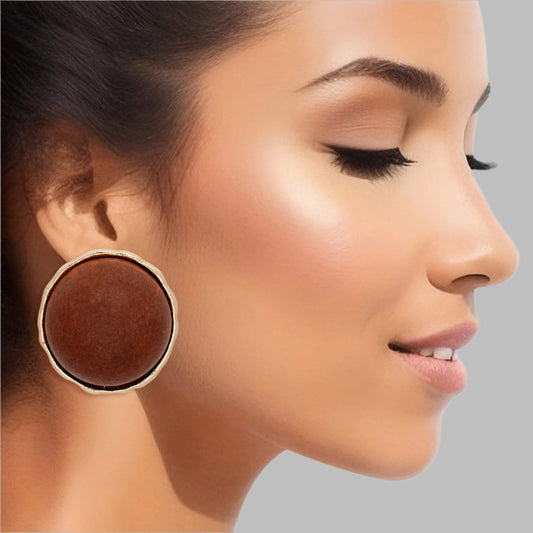 Women's Stud Earrings Large Round Gold Metal Studs Featuring Domed Brown Wood Detail. Studs measure 1" tall. 