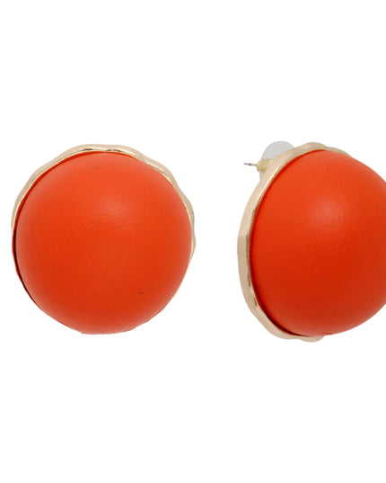 Women's Stud Earrings Large Round Gold Metal Studs Featuring Domed Orange Wood Detail. Studs measure 1" tall. Post Backing.