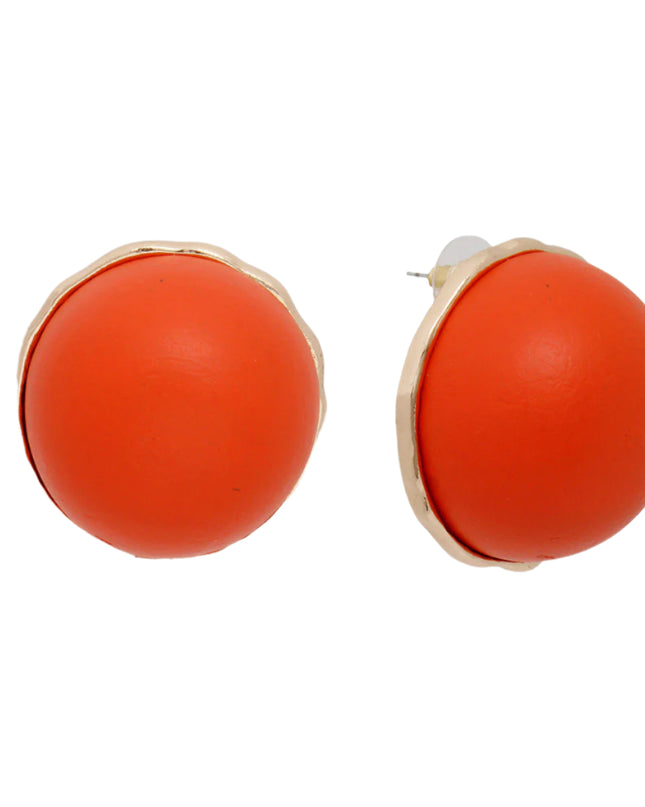 Women's Stud Earrings Large Round Gold Metal Studs Featuring Domed Orange Wood Detail. Studs measure 1" tall. Post Backing.