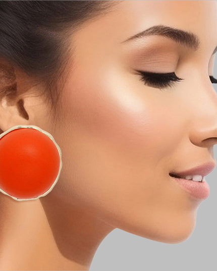 Women's Stud Earrings Large Round Gold Metal Studs Featuring Domed Orange Wood Detail. Studs measure 1" tall. Post Backing.