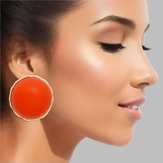 Women's Stud Earrings Large Round Gold Metal Studs Featuring Domed Orange Wood Detail. Studs measure 1" tall. Post Backing.