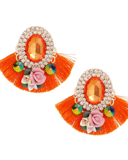 Women's Stud Earrings Elegant Gold Metal with Oval Orange Crystal and Pave Rhinestone Halo Studs Featuring Orange Silk Fan Tassel, Gold Metal Filigree, Multi Color Rhinestones, and 3D Acrylic Floral Detailing. Post Backing.