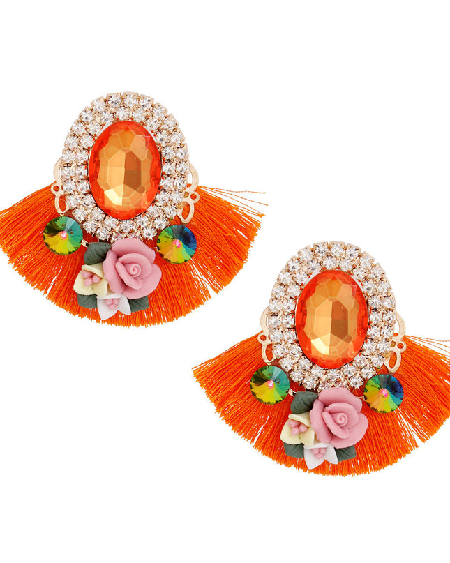 Women's Stud Earrings Elegant Gold Metal with Oval Orange Crystal and Pave Rhinestone Halo Studs Featuring Orange Silk Fan Tassel, Gold Metal Filigree, Multi Color Rhinestones, and 3D Acrylic Floral Detailing. Post Backing.