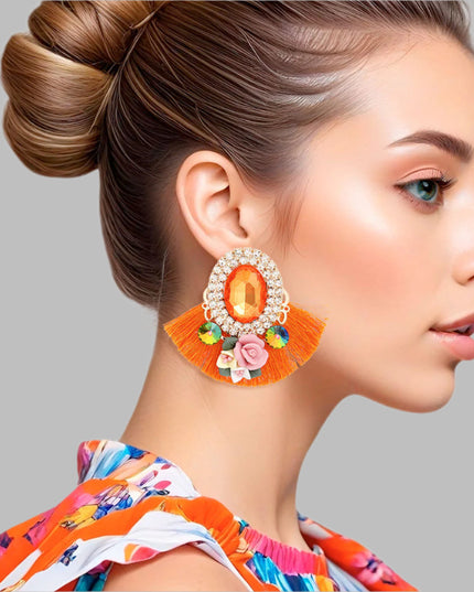 Women's Stud Earrings Elegant Gold Metal with Oval Orange Crystal and Pave Rhinestone Halo Studs Featuring Orange Silk Fan Tassel, Gold Metal Filigree, Multi Color Rhinestones, and 3D Acrylic Floral Detailing. Post Backing.