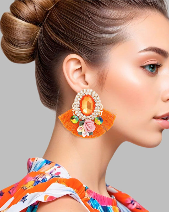 Women's Stud Earrings Elegant Gold Metal with Oval Orange Crystal and Pave Rhinestone Halo Studs Featuring Orange Silk Fan Tassel, Gold Metal Filigree, Multi Color Rhinestones, and 3D Acrylic Floral Detailing. Post Backing.