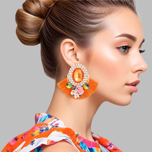 Women's Stud Earrings Elegant Gold Metal with Oval Orange Crystal and Pave Rhinestone Halo Studs Featuring Orange Silk Fan Tassel, Gold Metal Filigree, Multi Color Rhinestones, and 3D Acrylic Floral Detailing. Post Backing.