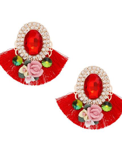 Women's Stud Earrings Elegant Gold Metal with Oval Red Crystal and Pave Rhinestone Halo Studs Featuring Red Silk Fan Tassel, Gold Metal Filigree, Multi Color Rhinestones, and 3D Acrylic Floral Detailing. Post Backing.