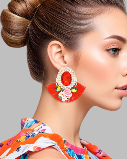 Women's Stud Earrings Elegant Gold Metal with Oval Red Crystal and Pave Rhinestone Halo Studs Featuring Red Silk Fan Tassel, Gold Metal Filigree, Multi Color Rhinestones, and 3D Acrylic Floral Detailing. Post Backing.