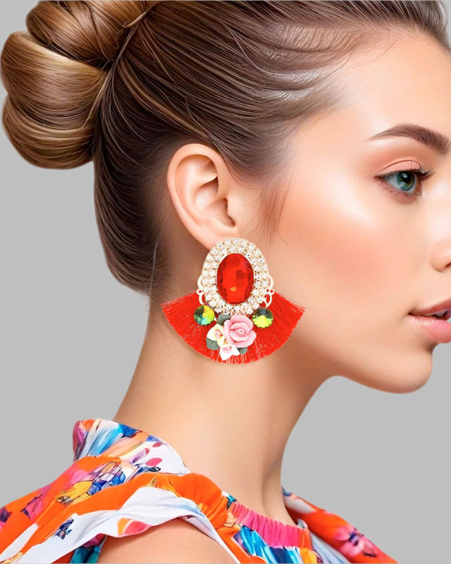 Women's Stud Earrings Elegant Gold Metal with Oval Red Crystal and Pave Rhinestone Halo Studs Featuring Red Silk Fan Tassel, Gold Metal Filigree, Multi Color Rhinestones, and 3D Acrylic Floral Detailing. Post Backing.