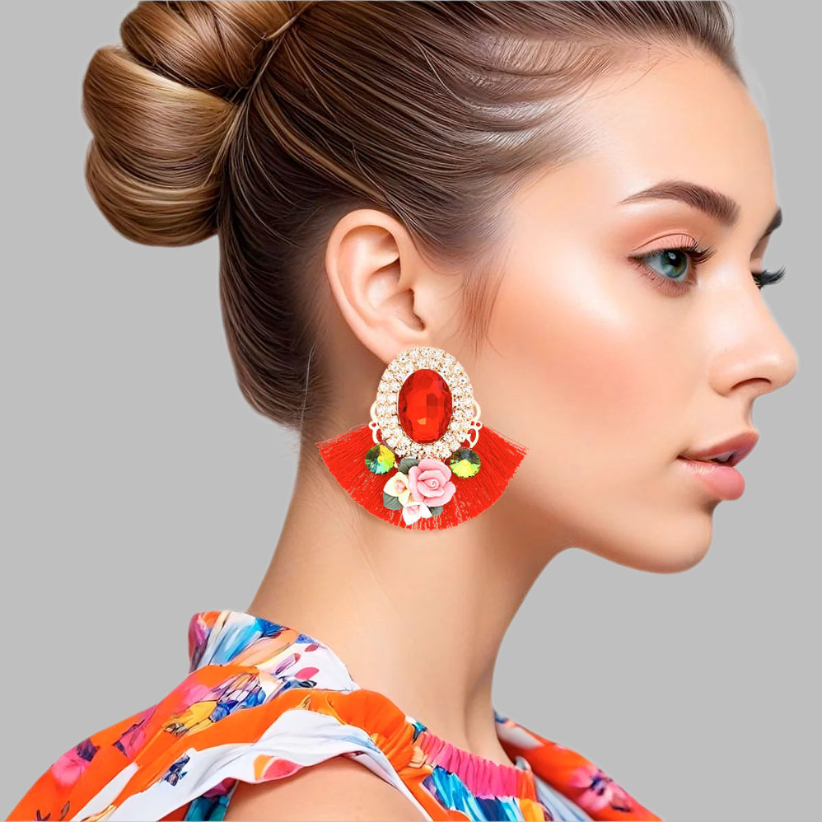 Women's Stud Earrings Elegant Gold Metal with Oval Red Crystal and Pave Rhinestone Halo Studs Featuring Red Silk Fan Tassel, Gold Metal Filigree, Multi Color Rhinestones, and 3D Acrylic Floral Detailing. Post Backing.