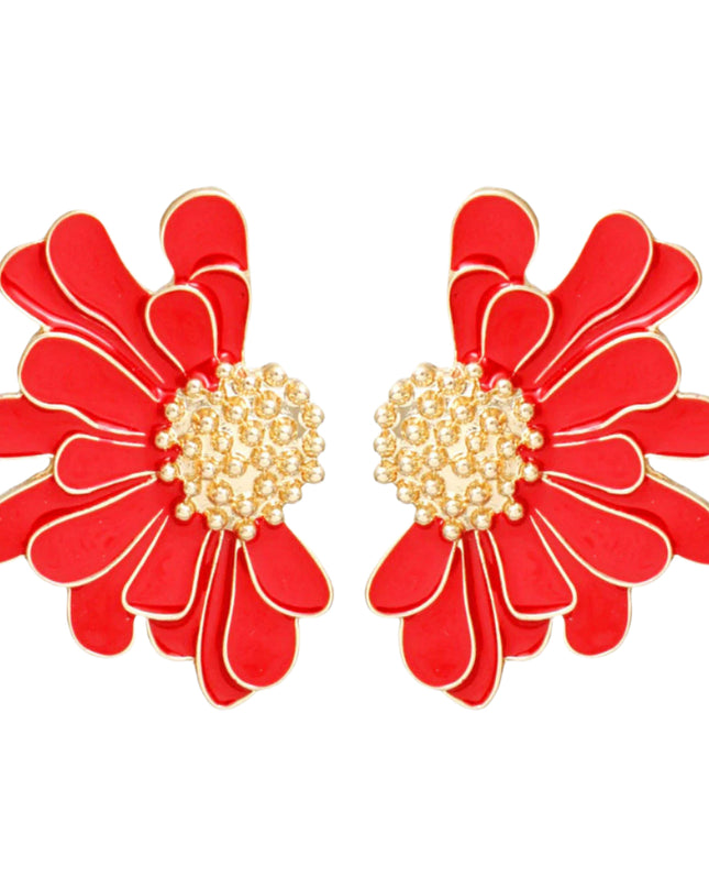 Women's Stud Earrings Gold Metal and Red Epoxy Half Daisy Flower Earrings Featuring Gold Studded Center. Post Backing.