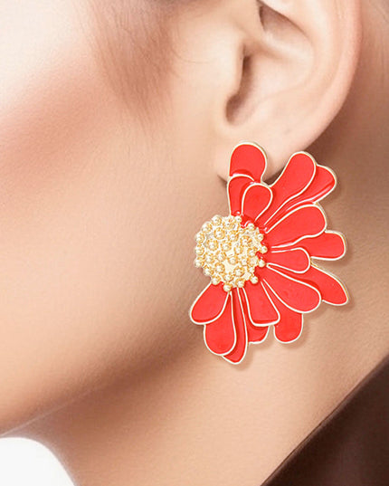 Women's Stud Earrings Gold Metal and Red Epoxy Half Daisy Flower Earrings Featuring Gold Studded Center. Post Backing.