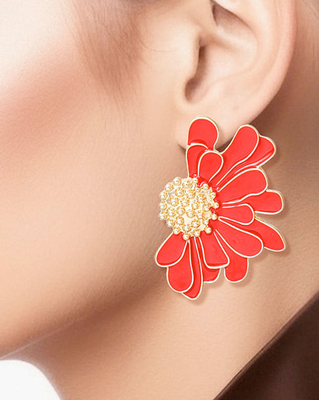 Women's Stud Earrings Gold Metal and Red Epoxy Half Daisy Flower Earrings Featuring Gold Studded Center. Post Backing.