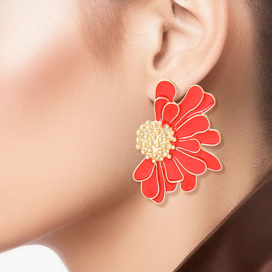 Women's Stud Earrings Gold Metal and Red Epoxy Half Daisy Flower Earrings Featuring Gold Studded Center. Post Backing.