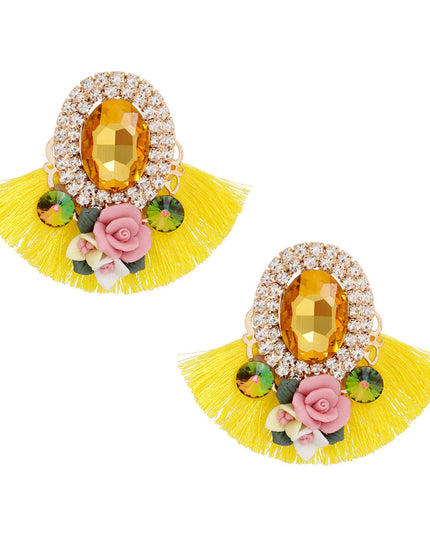 Women's Stud Earrings Elegant Gold Metal with Oval Yellow Crystal and Pave Rhinestone Halo Studs Featuring Yellow Silk Fan Tassel, Gold Metal Filigree, Multi Color Rhinestones, and 3D Acrylic Floral Detailing. Post Backing.