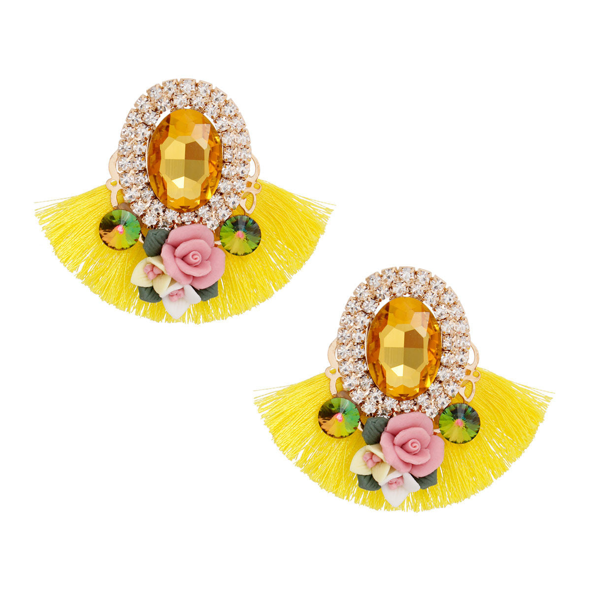 Women's Stud Earrings Elegant Gold Metal with Oval Yellow Crystal and Pave Rhinestone Halo Studs Featuring Yellow Silk Fan Tassel, Gold Metal Filigree, Multi Color Rhinestones, and 3D Acrylic Floral Detailing. Post Backing.