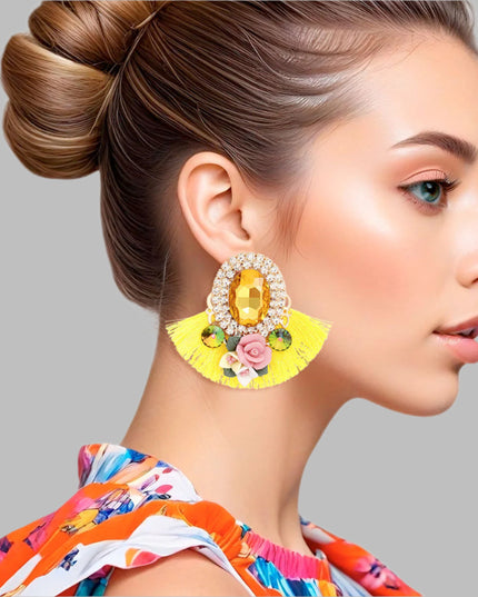 Women's Stud Earrings Elegant Gold Metal with Oval Yellow Crystal and Pave Rhinestone Halo Studs Featuring Yellow Silk Fan Tassel, Gold Metal Filigree, Multi Color Rhinestones, and 3D Acrylic Floral Detailing. Post Backing.